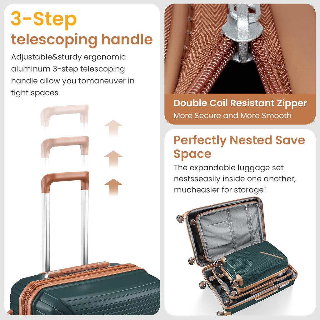 Luggage set of 4 pieces (14/20/24/28) with 4 360 degree silent rotating wheels made of PP material and durable TSA lock